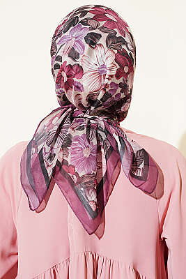 Çiçek Desenli Soft Eşarp Magenta - Başörtüsü