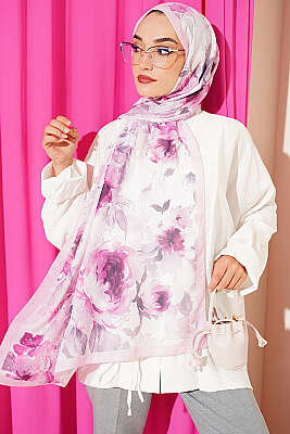 Çiçek Desenli Soft Şal Pembe - MADAME POLO ŞAL