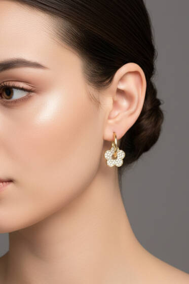 Çiçek Desenli Taşlı Küpe Gold - Küpe