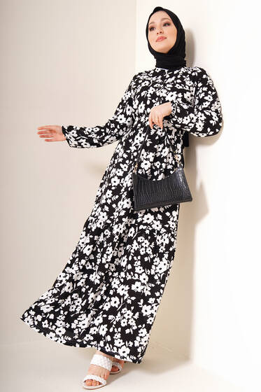 Çiçek Desenli Terikoton Elbise Siyah - Tesettür Elbise
