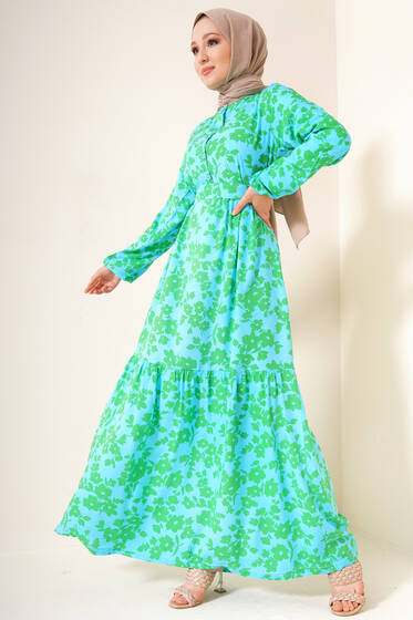 Çiçek Desenli Terikoton Elbise Turkuaz - Tesettür Elbise