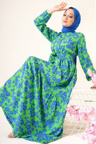 Çiçek Desenli Terikoton Elbise Yeşil Mavi - Tesettür Elbise