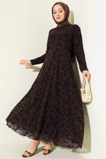 Çiçek Desenli Tül Elbise Kahve - Elbise