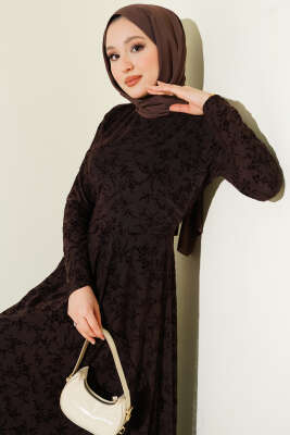 Çiçek Desenli Tül Elbise Kahve - Elbise