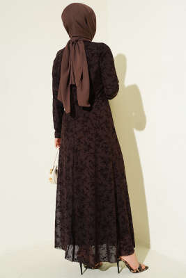 Çiçek Desenli Tül Elbise Kahve - Elbise