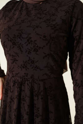 Çiçek Desenli Tül Elbise Kahve - Elbise