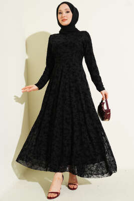 Çiçek Desenli Tül Elbise Siyah - HATUN