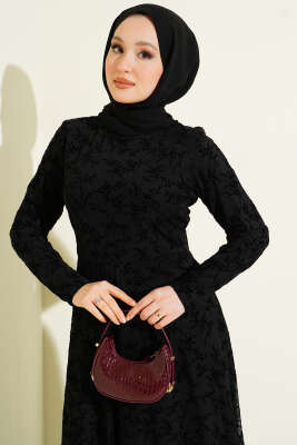 Çiçek Desenli Tül Elbise Siyah - Elbise