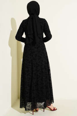 Çiçek Desenli Tül Elbise Siyah - Elbise