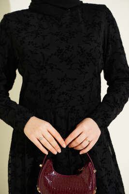 Çiçek Desenli Tül Elbise Siyah - Elbise