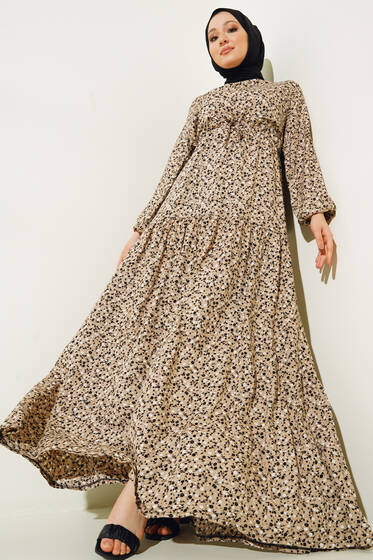 Çiçek Desenli Tünelli Elbise Bej - Tesettür Elbise