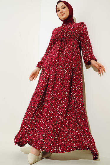 Çiçek Desenli Tünelli Elbise Bordo - Tesettür Elbise