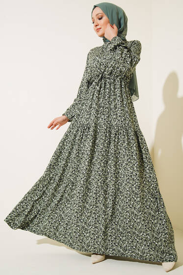Çiçek Desenli Tünelli Elbise Çağla Yeşili - Tesettür Elbise