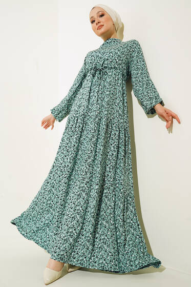 Çiçek Desenli Tünelli Elbise Mint - Tesettür Elbise