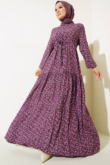 Çiçek Desenli Tünelli Elbise Mor - Tesettür Elbise