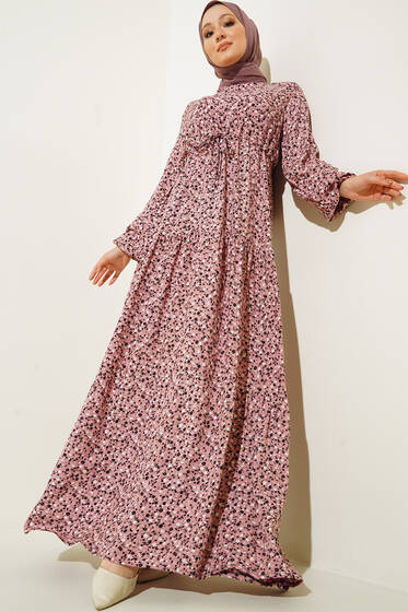 Çiçek Desenli Tünelli Elbise Pudra - Tesettür Elbise