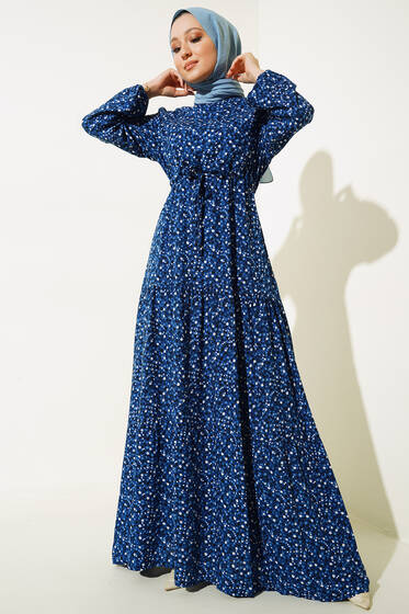 Çiçek Desenli Tünelli Elbise Saks - Tesettür Elbise