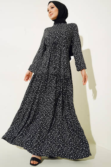 Çiçek Desenli Tünelli Elbise Siyah - Tesettür Elbise