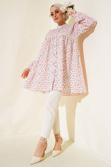 Çiçek Desenli Tunik Pudra - Tunik