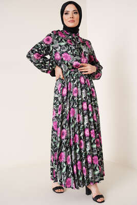 Çiçek Desenli Yakası Kuşaklı Saten Elbise Fuşya