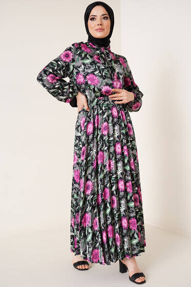 Çiçek Desenli Yakası Kuşaklı Saten Elbise Fuşya - Tesettür Elbise