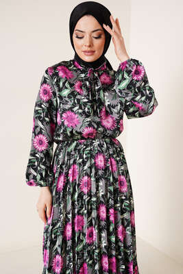 Çiçek Desenli Yakası Kuşaklı Saten Elbise Fuşya - Tesettür Elbise