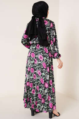 Çiçek Desenli Yakası Kuşaklı Saten Elbise Fuşya - Tesettür Elbise