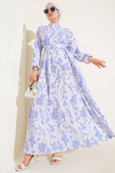 Çiçek Desenli Yarım Düğmeli Elbise Mavi - Elbise