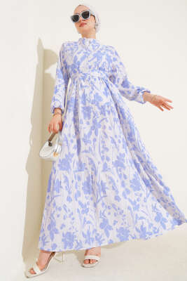 Çiçek Desenli Yarım Düğmeli Elbise Mavi - Tesettür Elbise