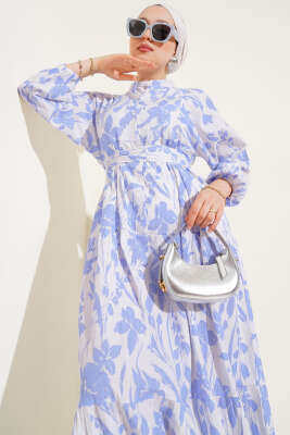 Çiçek Desenli Yarım Düğmeli Elbise Mavi - Tesettür Elbise