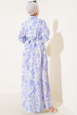 Çiçek Desenli Yarım Düğmeli Elbise Mavi - Tesettür Elbise