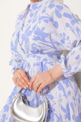 Çiçek Desenli Yarım Düğmeli Elbise Mavi - Tesettür Elbise