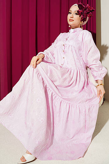 Çiçek Desenli Yarım Düğmeli Elbise Pembe - Elbise
