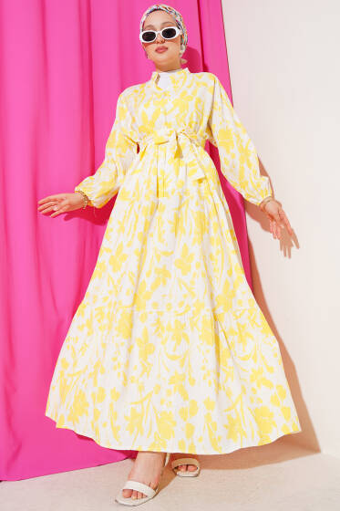 Çiçek Desenli Yarım Düğmeli Elbise Sarı - Elbise