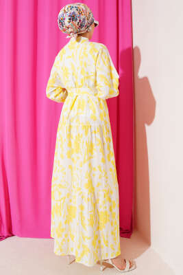 Çiçek Desenli Yarım Düğmeli Elbise Sarı - Tesettür Elbise