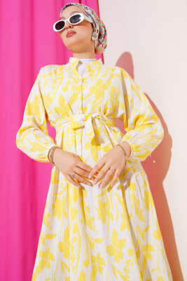 Çiçek Desenli Yarım Düğmeli Elbise Sarı - Tesettür Elbise