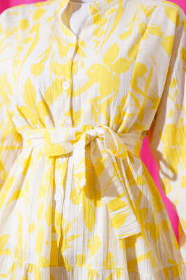 Çiçek Desenli Yarım Düğmeli Elbise Sarı - Tesettür Elbise