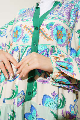 Çiçek Desenli Yarım Düğmeli Kat Kat Elbise Benetton - Thumbnail