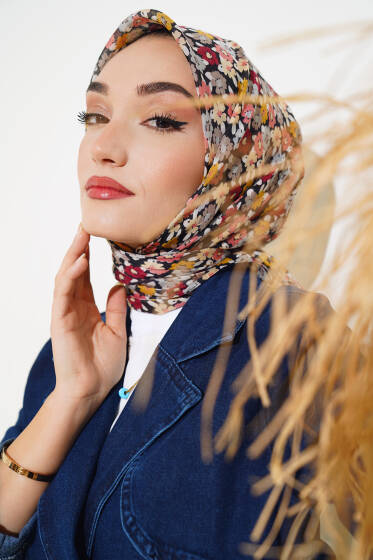 Çiçek Desenli Yazma Eşarp Bordo - Başörtüsü