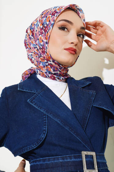 Çiçek Desenli Yazma Eşarp Mor - Başörtüsü