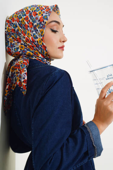 Çiçek Desenli Yazma Eşarp Oranj - Başörtüsü