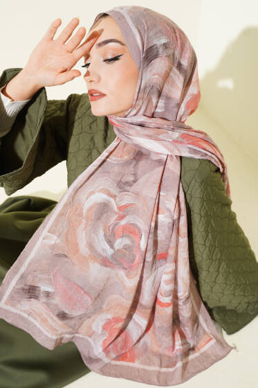 Çiçek Desenli Bambu Kraş Şal Latte - Başörtüsü