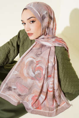 Çiçek Desenli Bambu Kraş Şal Latte - Başörtüsü