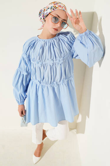 Çiçek Detaylı Biyeli Tunik Bebe Mavi - Tunik