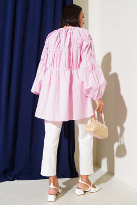 Çiçek Detaylı Biyeli Tunik Pembe - Tunik