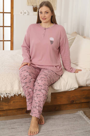 Çiçek Detaylı Büyük Beden Kadın Pijama Takımı Gül Kurusu - Pijama