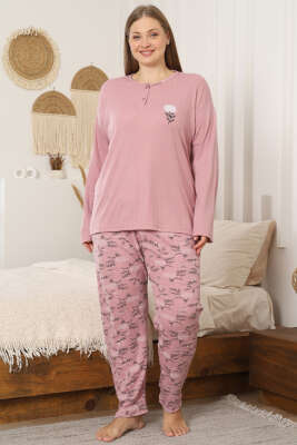 Çiçek Detaylı Büyük Beden Kadın Pijama Takımı Gül Kurusu - Pijama