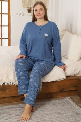 Çiçek Detaylı Büyük Beden Kadın Pijama Takımı İndigo - Pijama