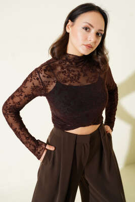 Çiçek Detaylı Büzgülü Tül Bluz Acı Kahve - Kadın Giyim Modelleri
