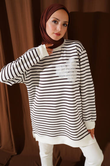 Çiçek Detaylı Çizgili Tunik Acı Kahve - Tunik